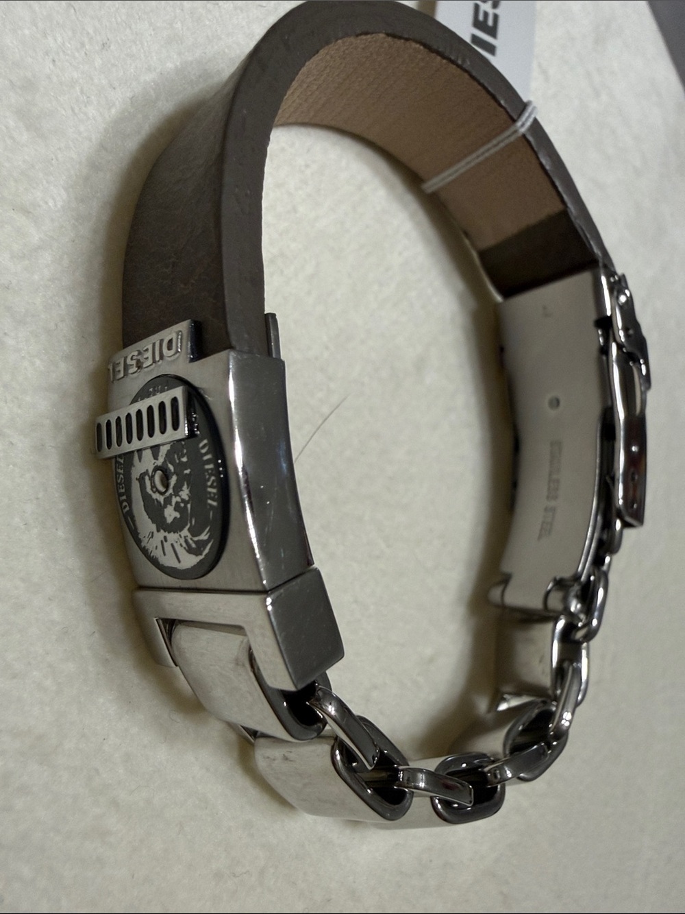 Diesel Brown Leather and Silver Chain Men's Bracelet
